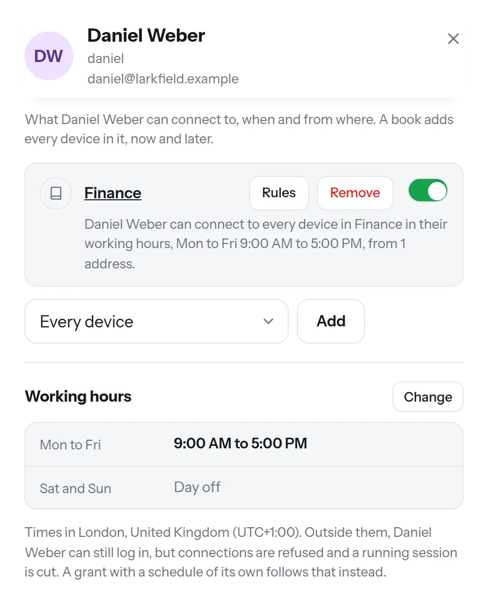 One person's access in the app: the Finance computers, in their working hours, from one address