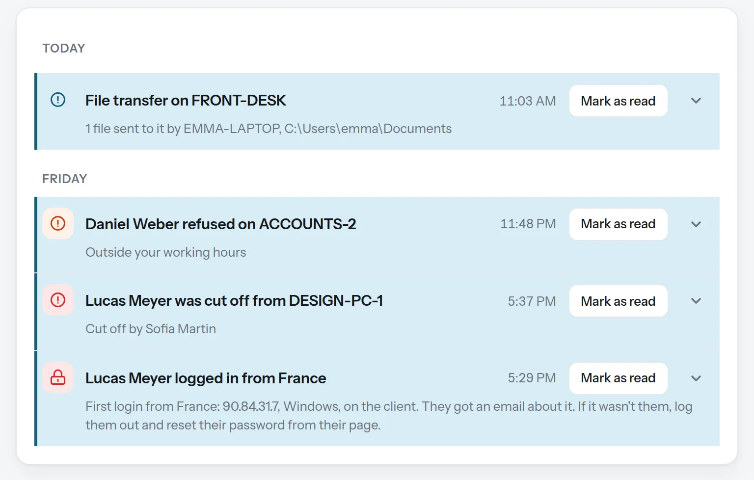 Notifications in the app: a file transfer, a refused connection, a connection cut off and a login from a new country