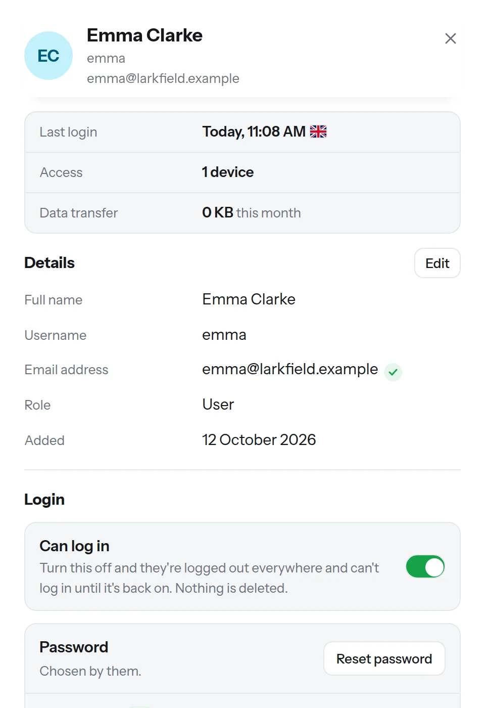 A person's page in the app, with the switch that lets them log in
